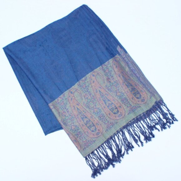 100% Pashmina Scarf Blue Paisley Shawl Wrap Multi Color Rave Festival Cover - Picture 1 of 8